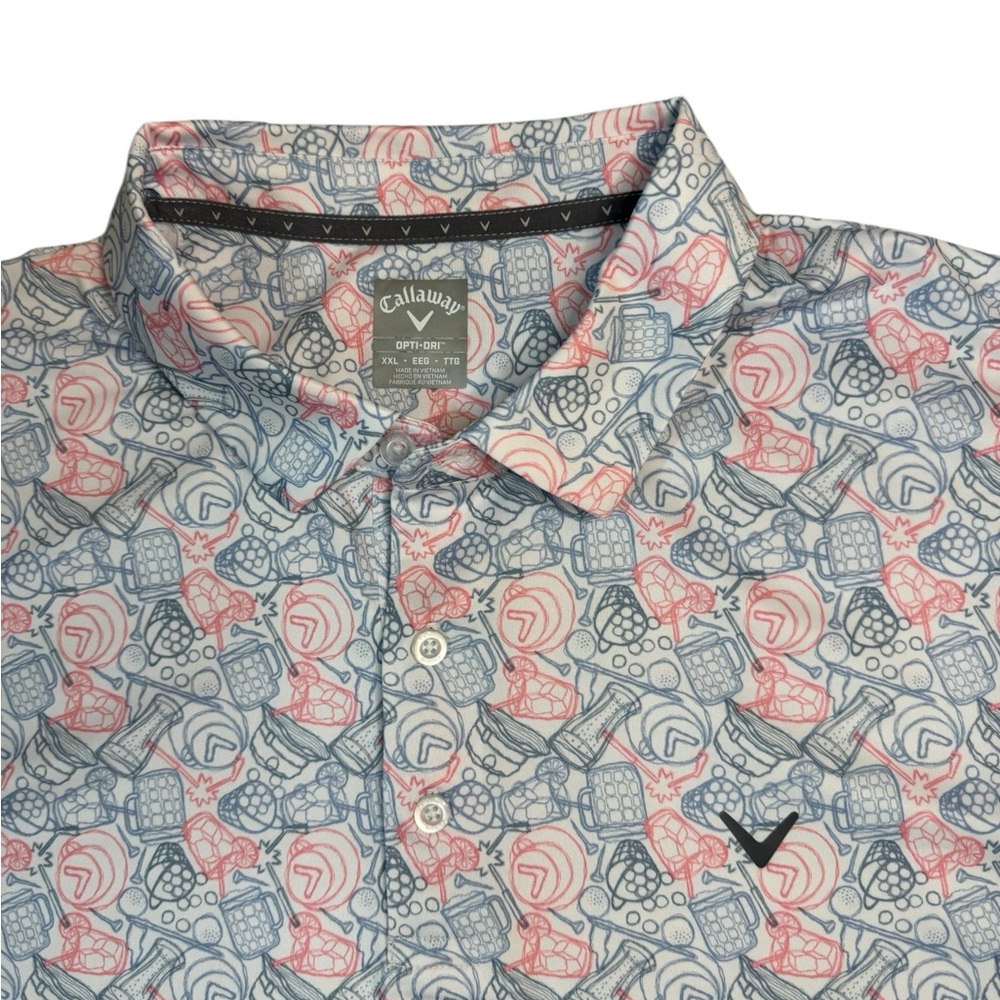 Callaway Opti-Dri Golf Polo Shirt XXL Blue Coral Pink Beer Mug Print Stretch - Picture 3 of 6